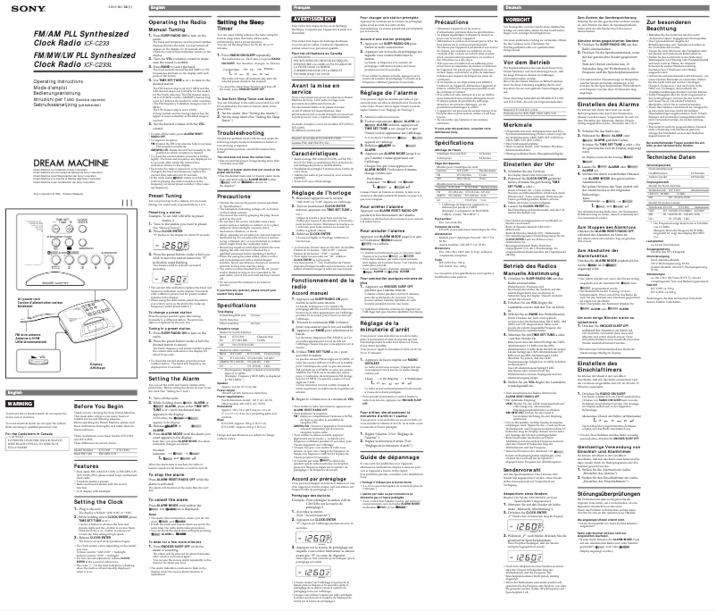 Page 1 de la notice Manuel utilisateur Sony ICF-C233