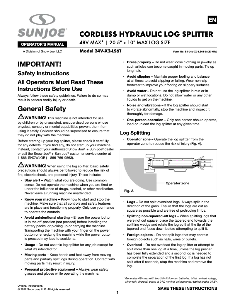Page 1 of the manual User Manual Sun Joe 24V-X2-LS6T