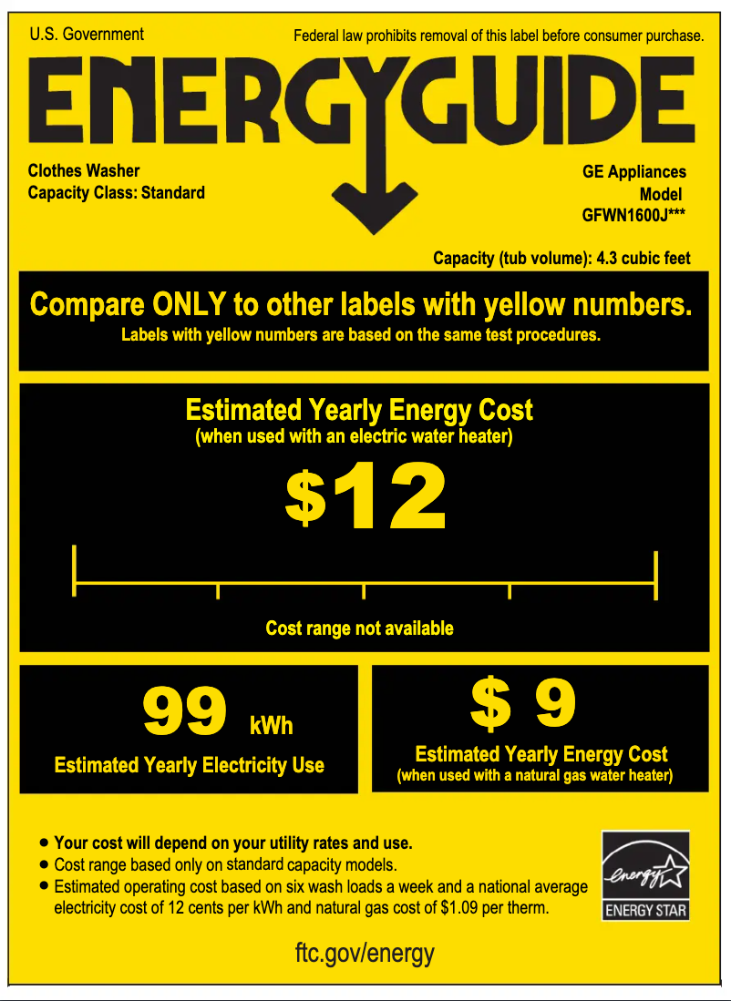 Page 1 de la notice Label énergétique GE GFWN1600JWW