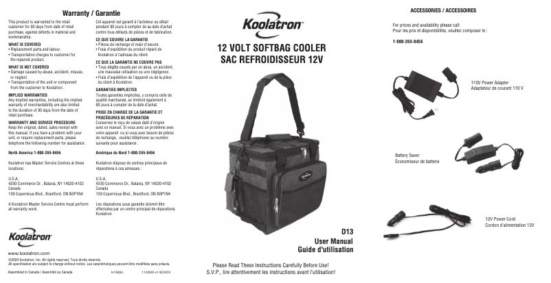 Page n°1 - Manuel utilisateur Koolatron D13