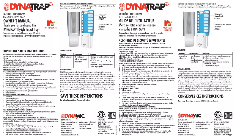 Page n°1 - Manuel utilisateur Dynatrap DT3009W-1003S