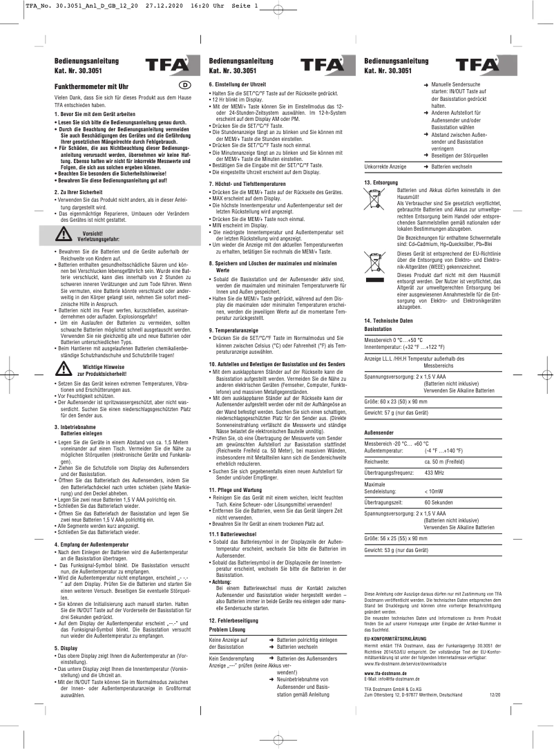 Page n°1 - Manuel utilisateur TFA 30.3051.01