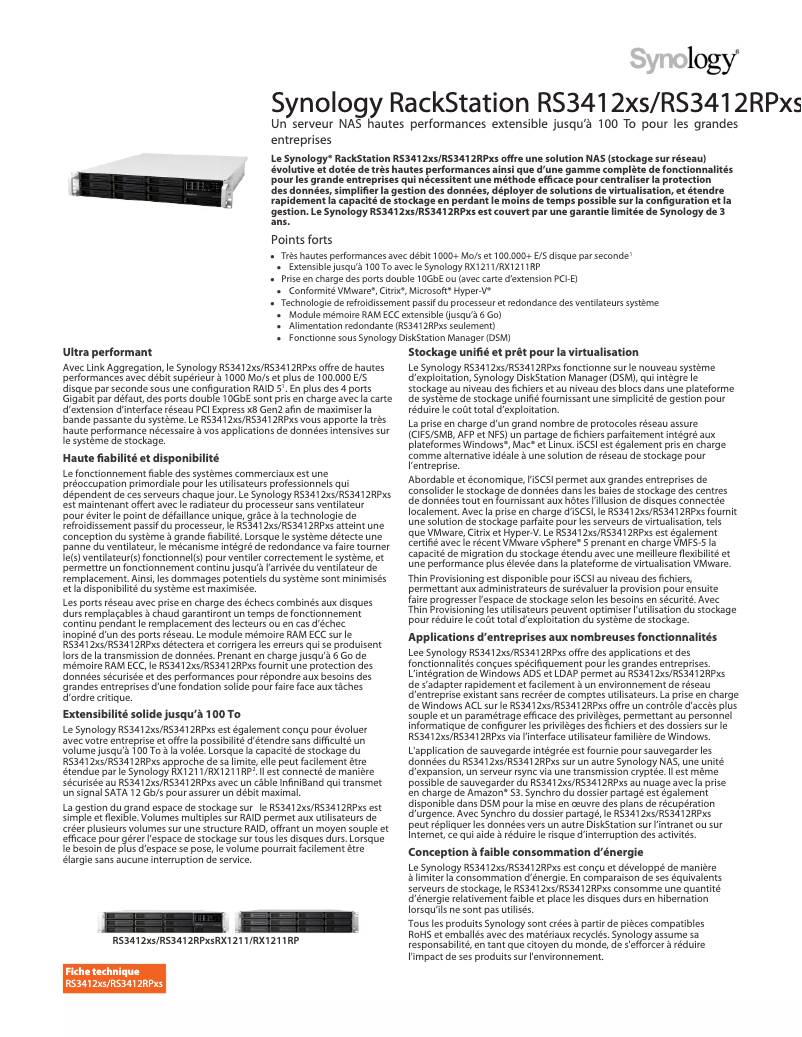 Page 1 of the manual Technical Sheet Synology RackStation RS3412xs