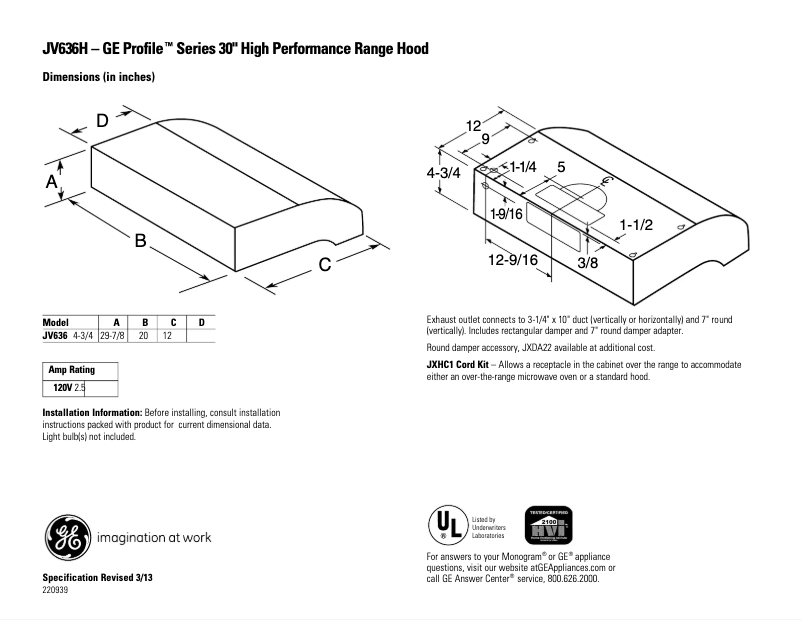 Page 1 de la notice Fiche technique GE JV636HSS