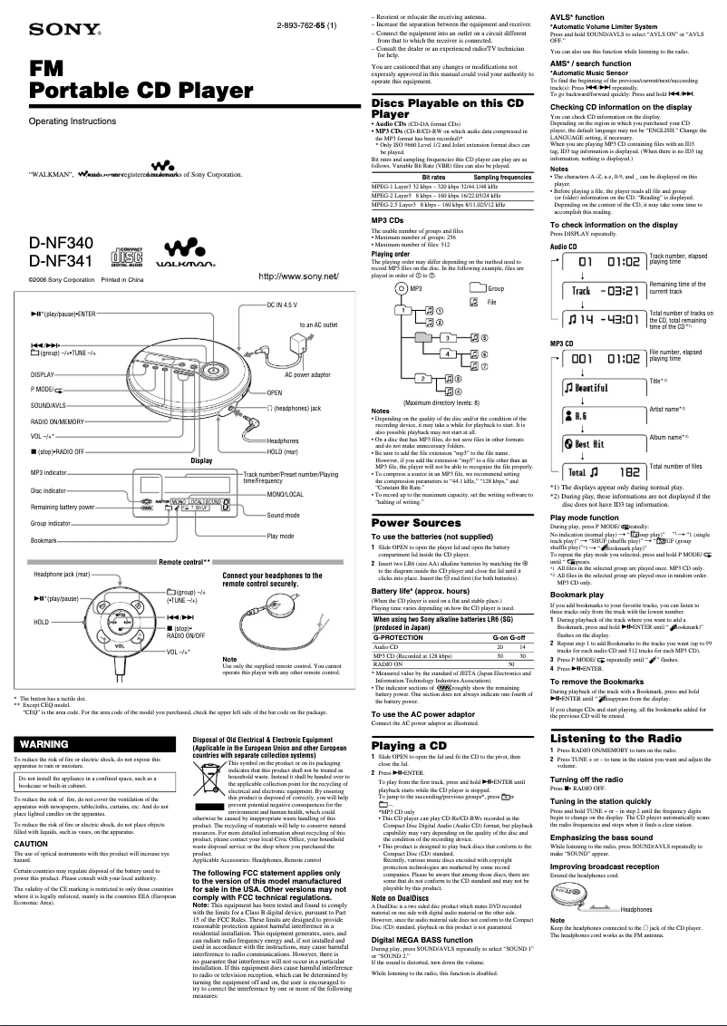 Page 1 de la notice Manuel utilisateur Sony D-NF341