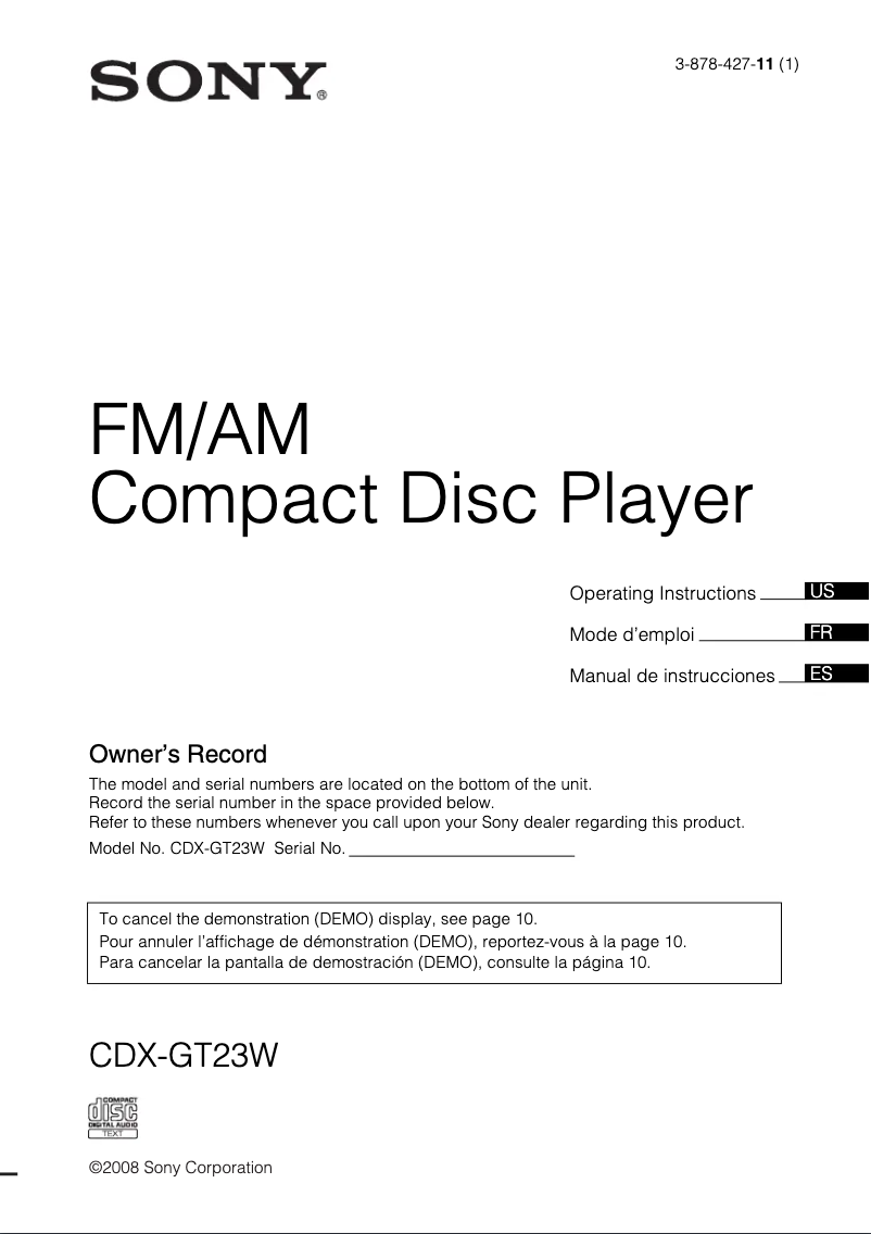 Page 1 de la notice Manuel utilisateur Sony CDX-GT23W