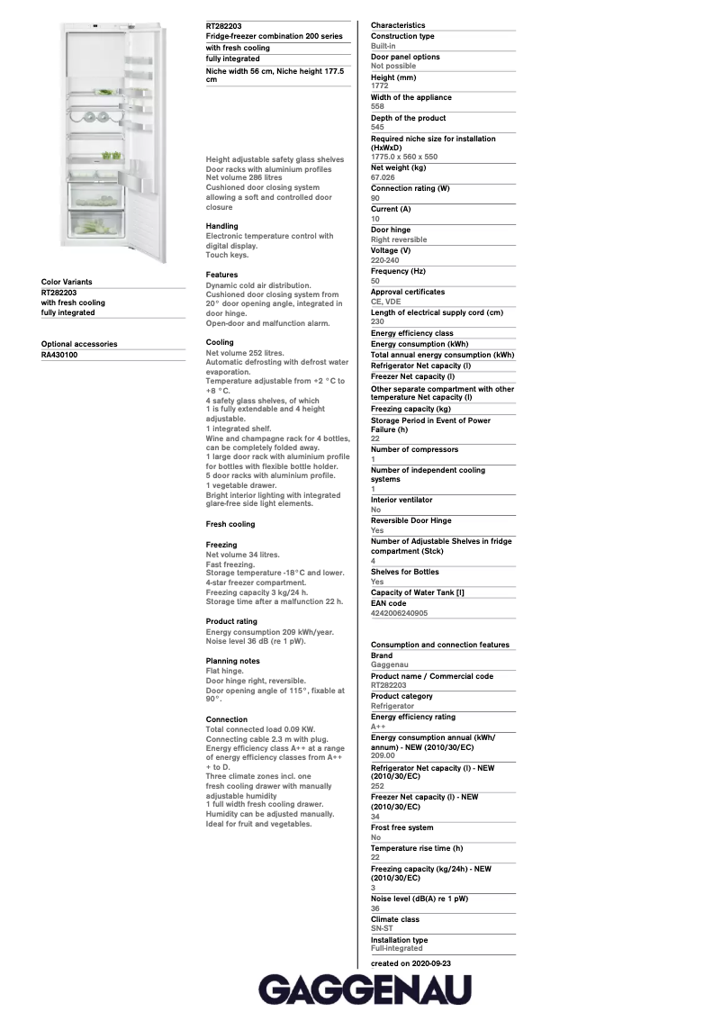 Página 1 del manual Ficha técnica Gaggenau RT282203