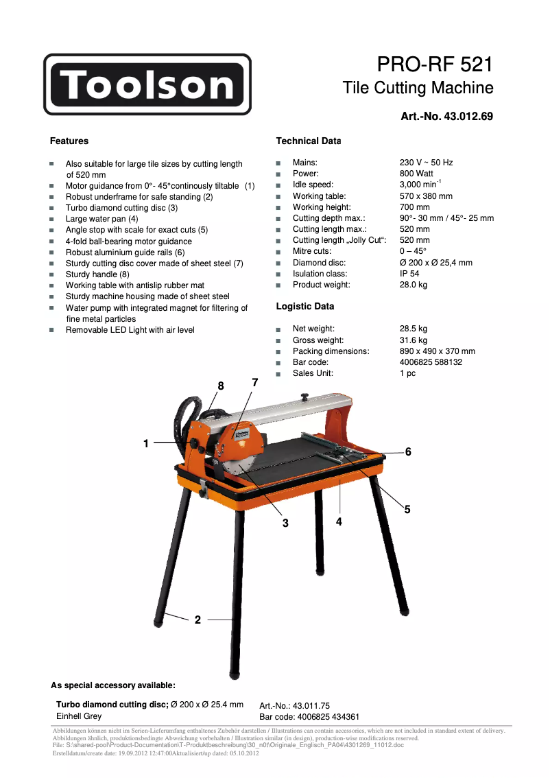 Page 1 de la notice Fiche technique Toolson Pro-RF 521