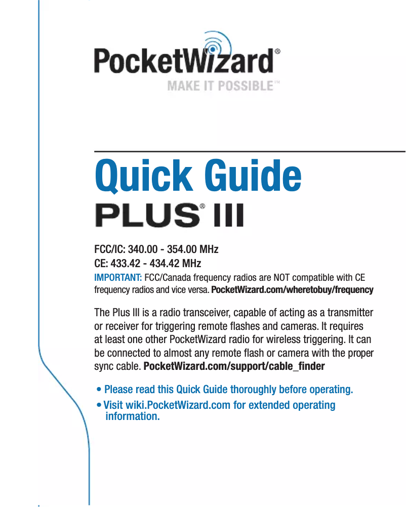 Page 1 de la notice Manuel utilisateur PocketWizard Plus IIIe