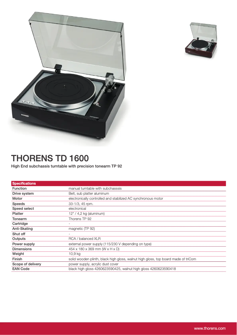 Page n°1 - Fiche technique Thorens TD 1600