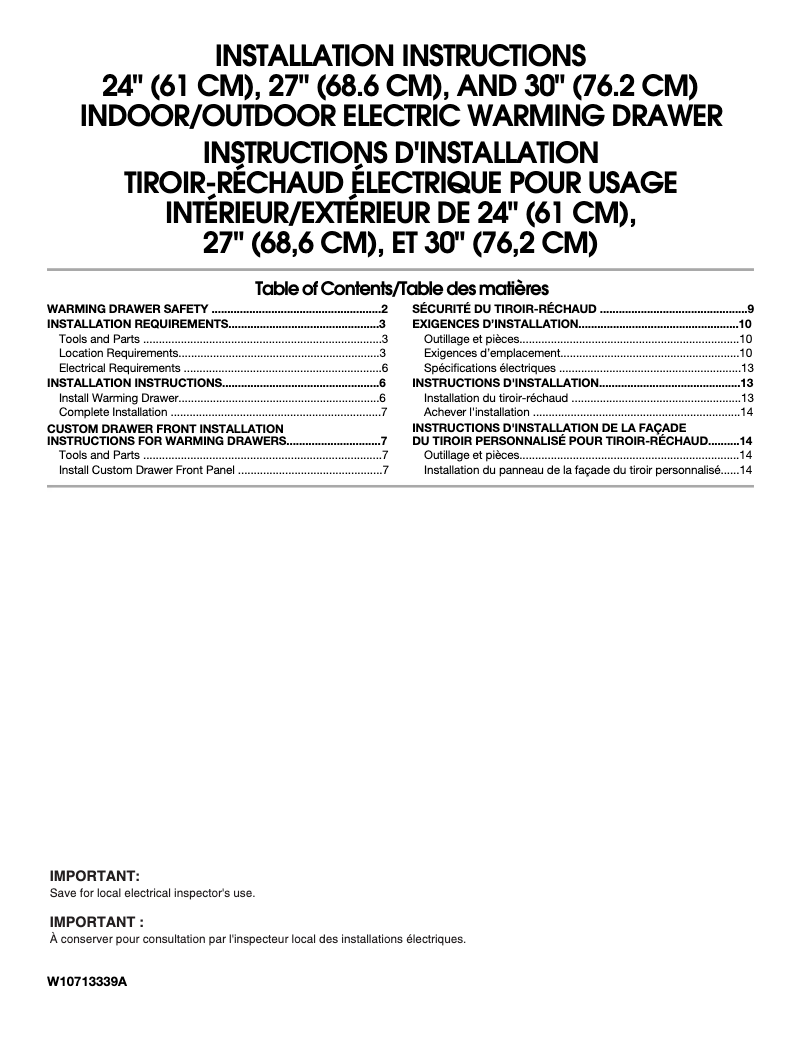 Page 1 de la notice Guide d'installation KitchenAid KOWT104ESS