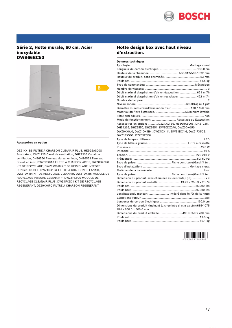 Página 1 del manual Ficha técnica Bosch DWB66BC50