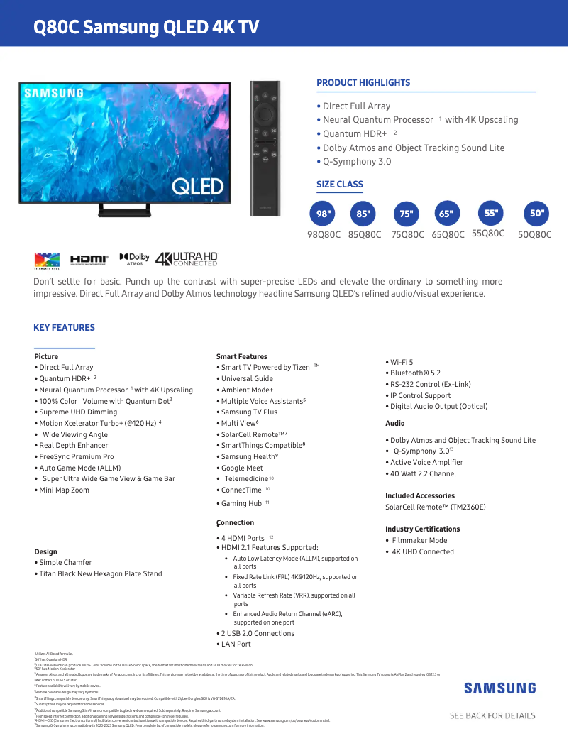 Page 1 de la notice Fiche technique Samsung QN50Q80CAF