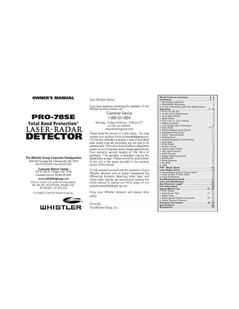 Page 1 de la notice Manuel utilisateur Whistler PRO-78SE