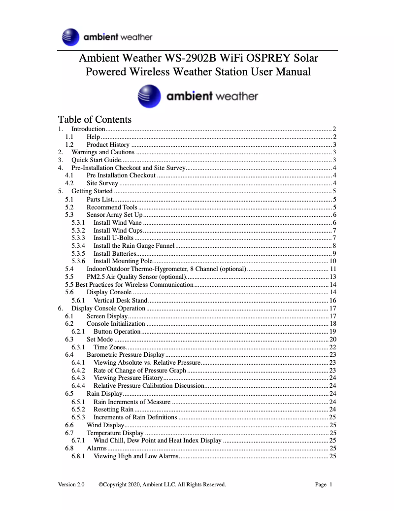 Page n°1 - Manuel utilisateur Ambient Weather WS-2902B