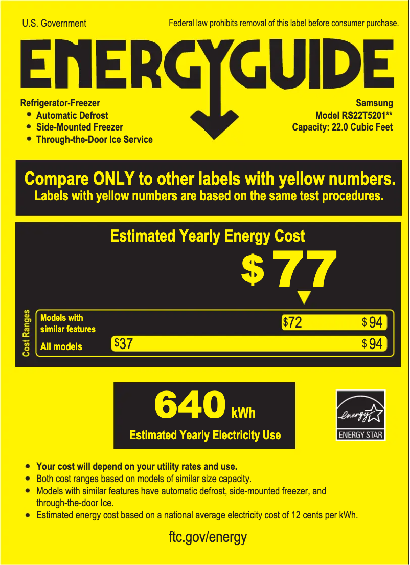 Page 1 de la notice Label énergétique Samsung RS22T5201SR/AA