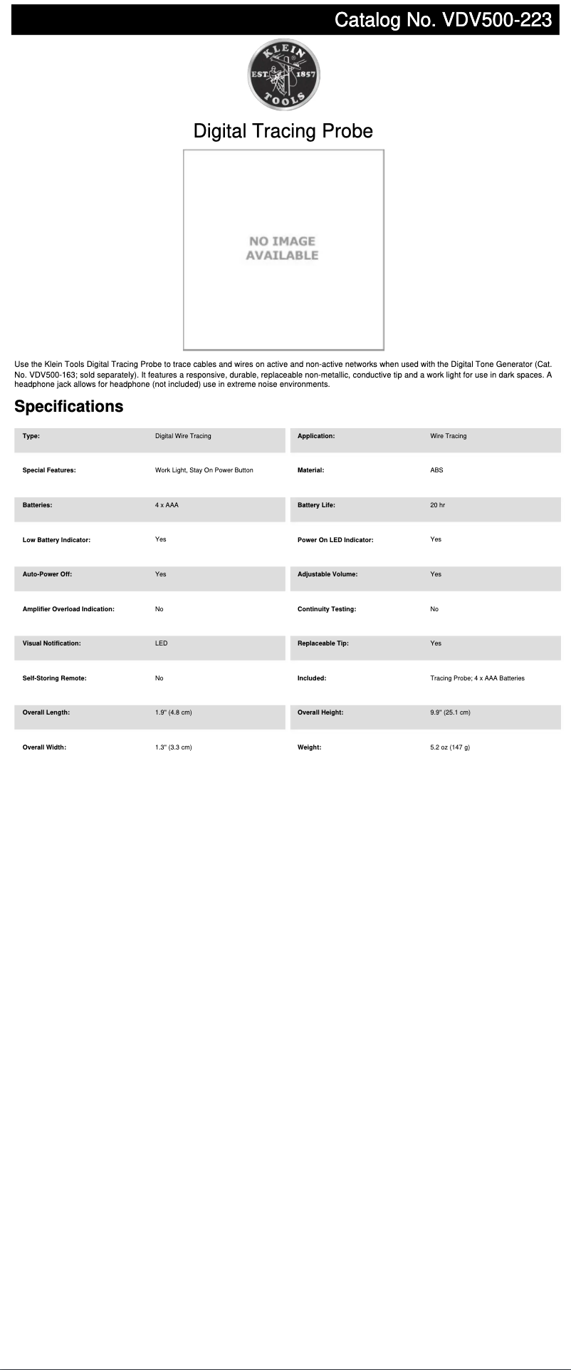 Page n°1 - Fiche technique Klein Tools VDV500-223