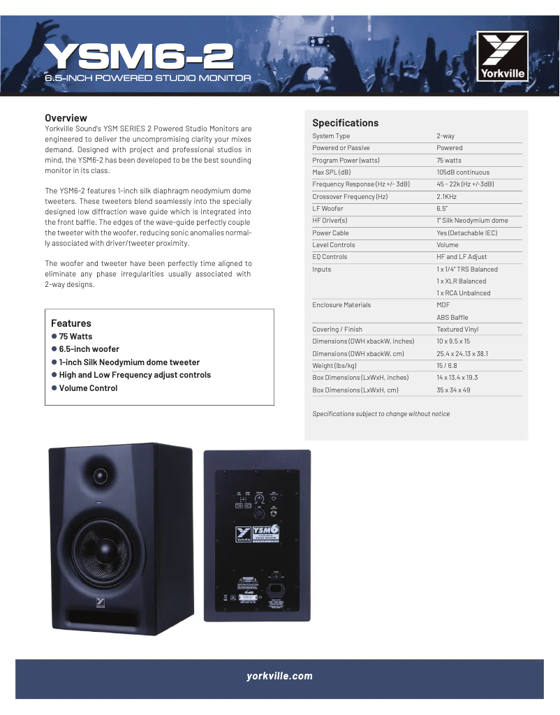 Page n°1 - Fiche technique Yorkville YSM6-2