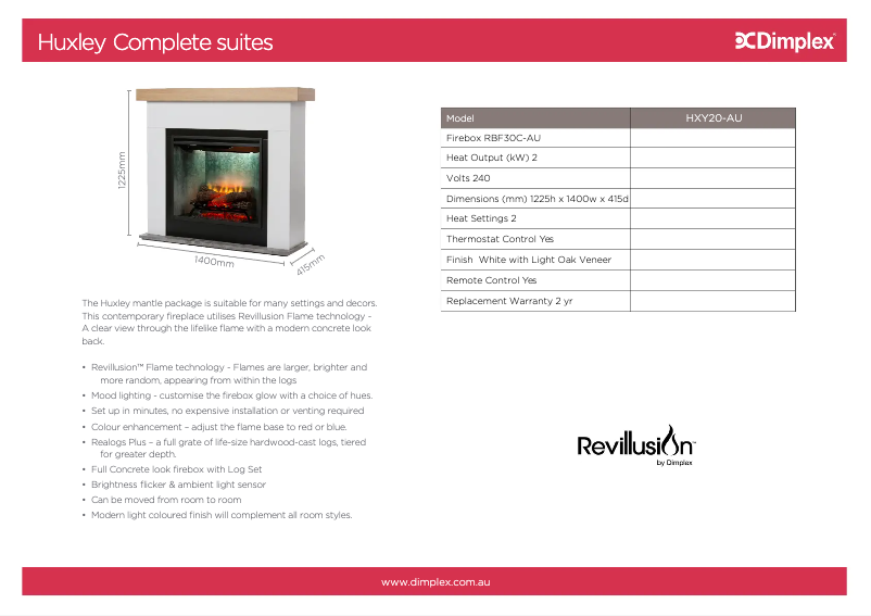 Page 1 de la notice Fiche technique Dimplex Huxley Revillusion HXY20-AU