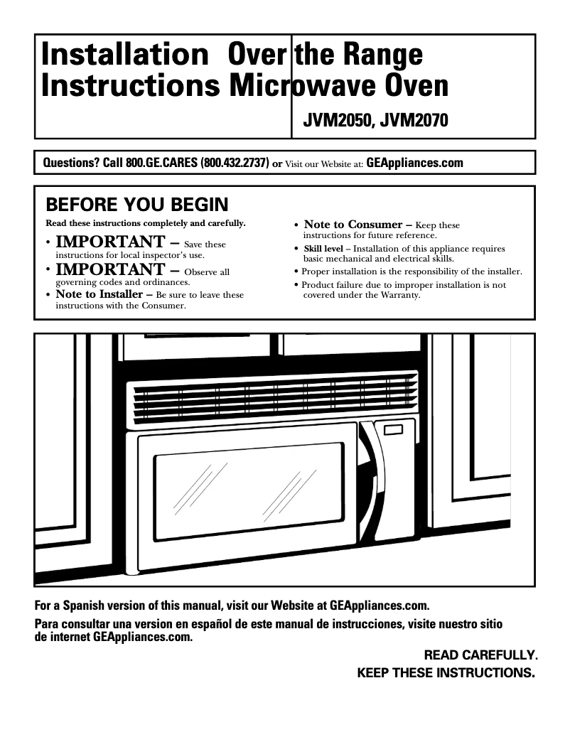 Page 1 de la notice Guide d'installation GE JVM2070WH