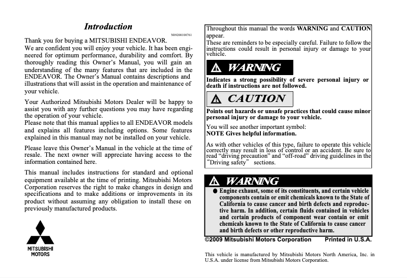 Page 1 de la notice Manuel utilisateur Mitsubishi Endeavor (2010)