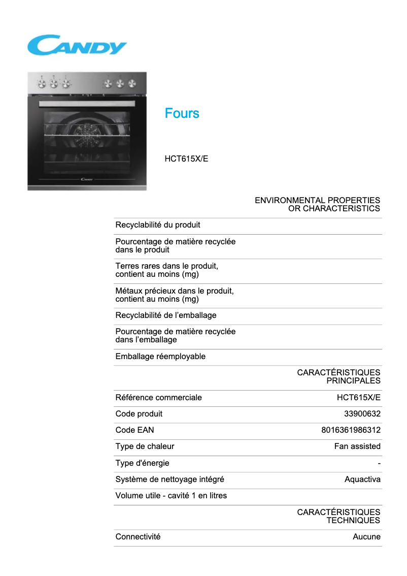 Page 1 de la notice Fiche technique Candy HCT615X/E
