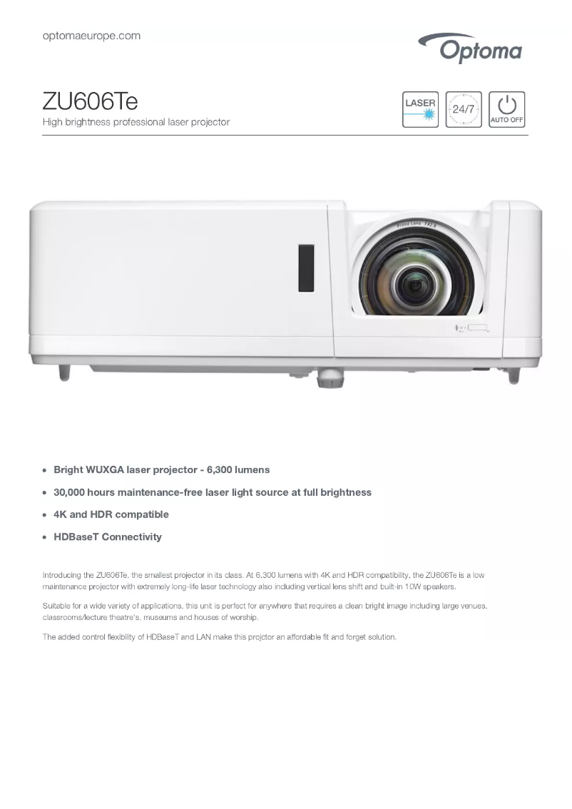 Page 1 de la notice Fiche technique Optoma ZU606Te