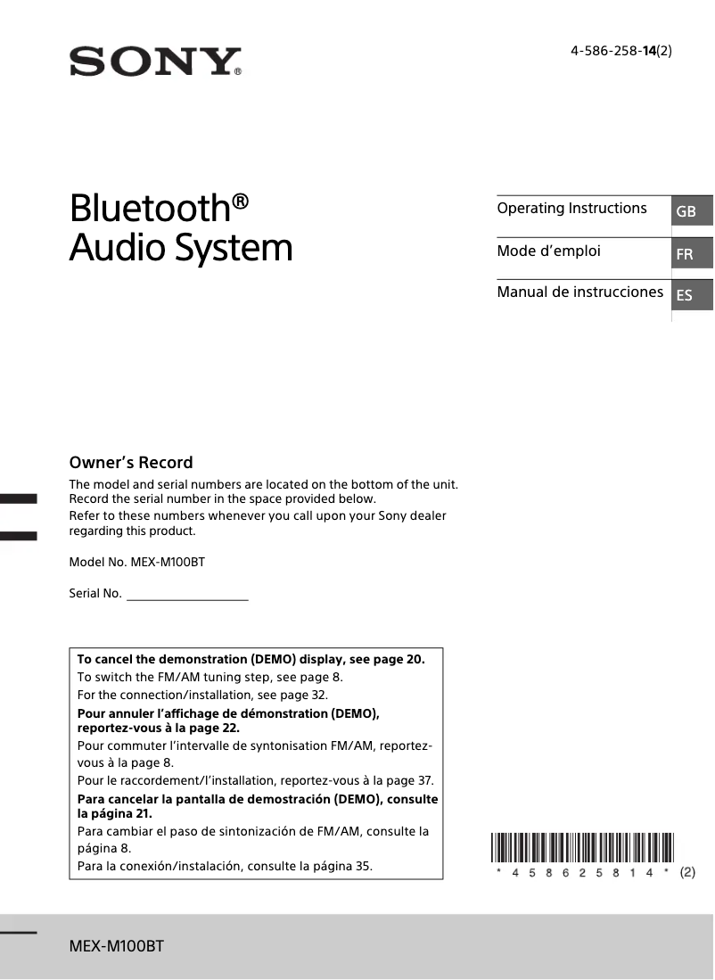 Page 1 de la notice Manuel utilisateur Sony MEX-M100BT