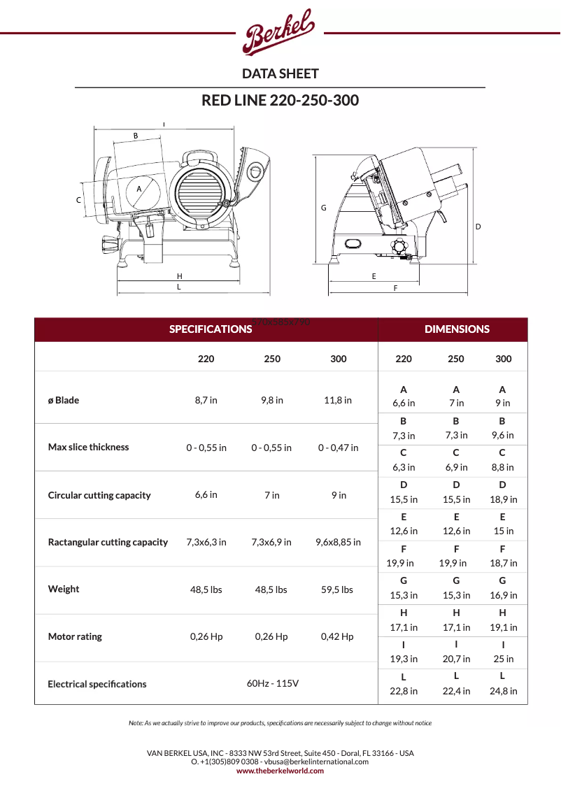 Page 1 de la notice Fiche technique Berkel Red Line 250