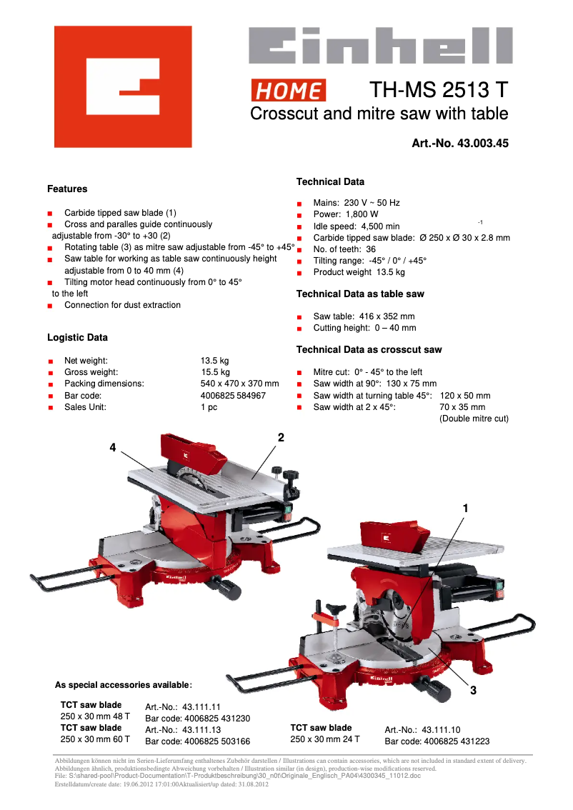 Page n°1 - Manuel utilisateur Einhell TH-MS 2513 T