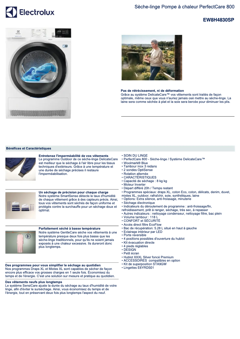 Page 1 de la notice Fiche technique Electrolux EW8H4830SP