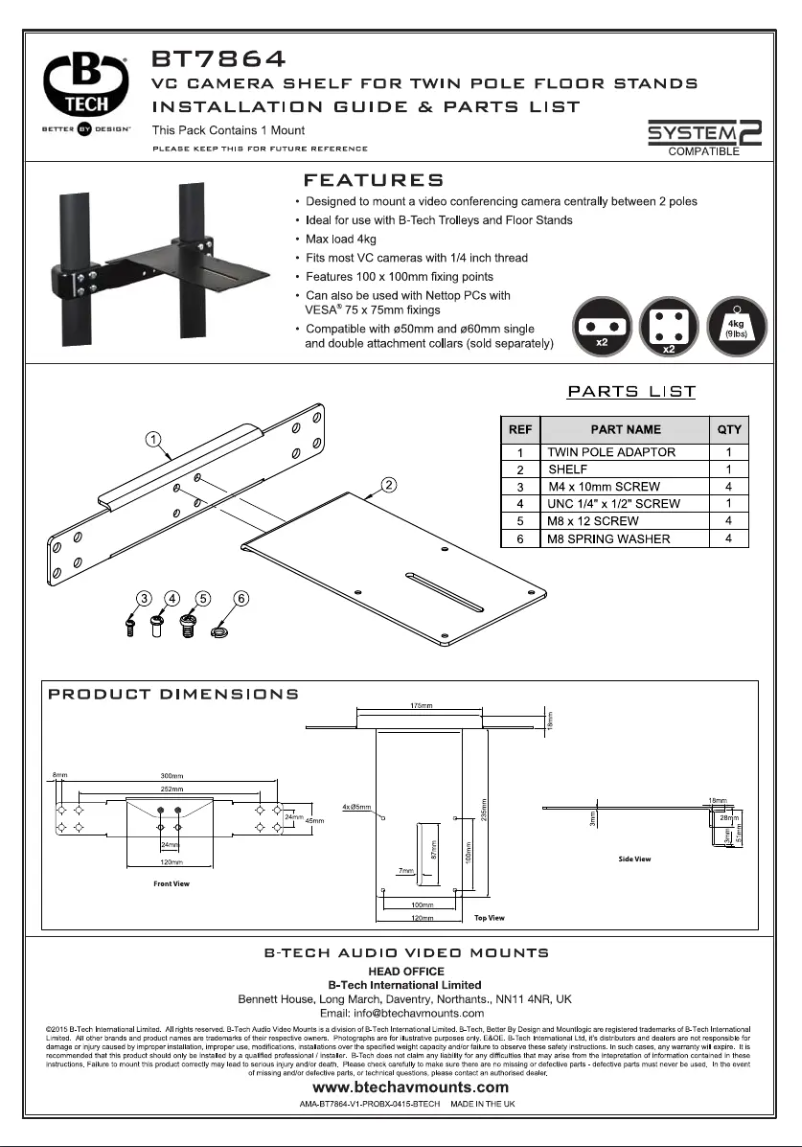 Page n°1 - Manuel utilisateur B-Tech BT7864