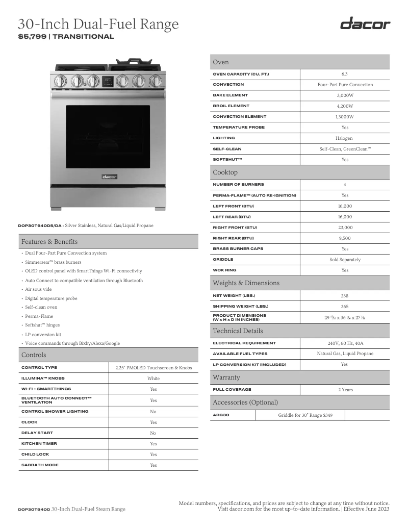 Page 1 de la notice Fiche technique Dacor DOP30T940DS