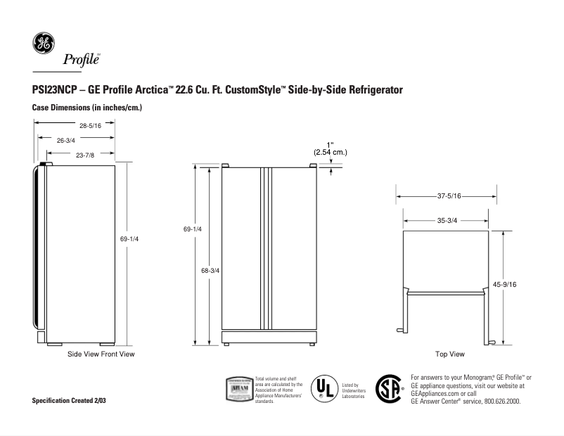 Page 1 de la notice Fiche technique GE Profile CustomStyle PSI23NCPWW