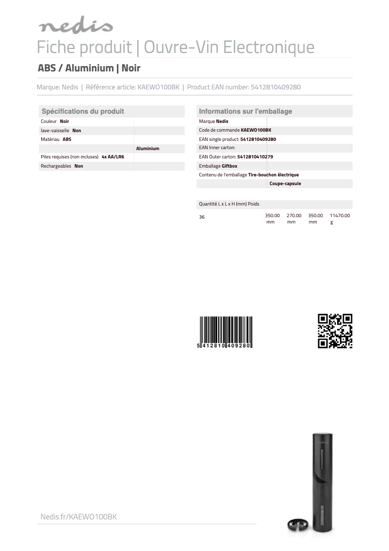 Page 1 de la notice Manuel utilisateur Nedis KAEWO100BK