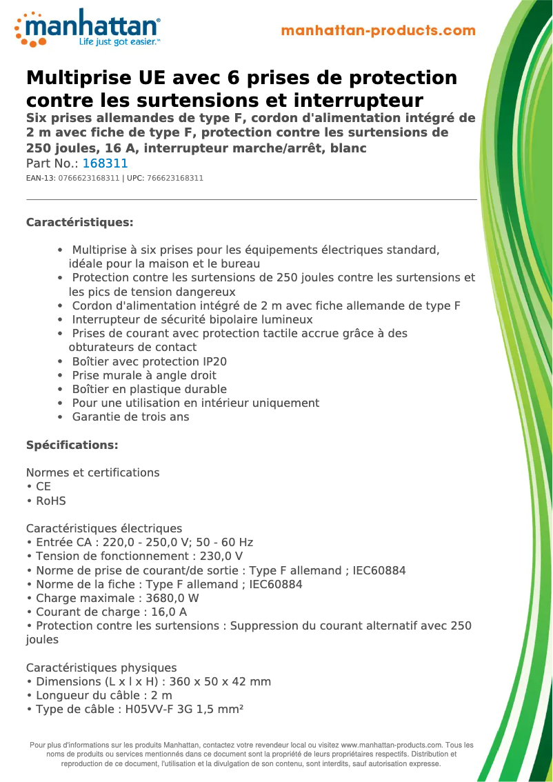 Page 1 de la notice Fiche technique Manhattan 168311