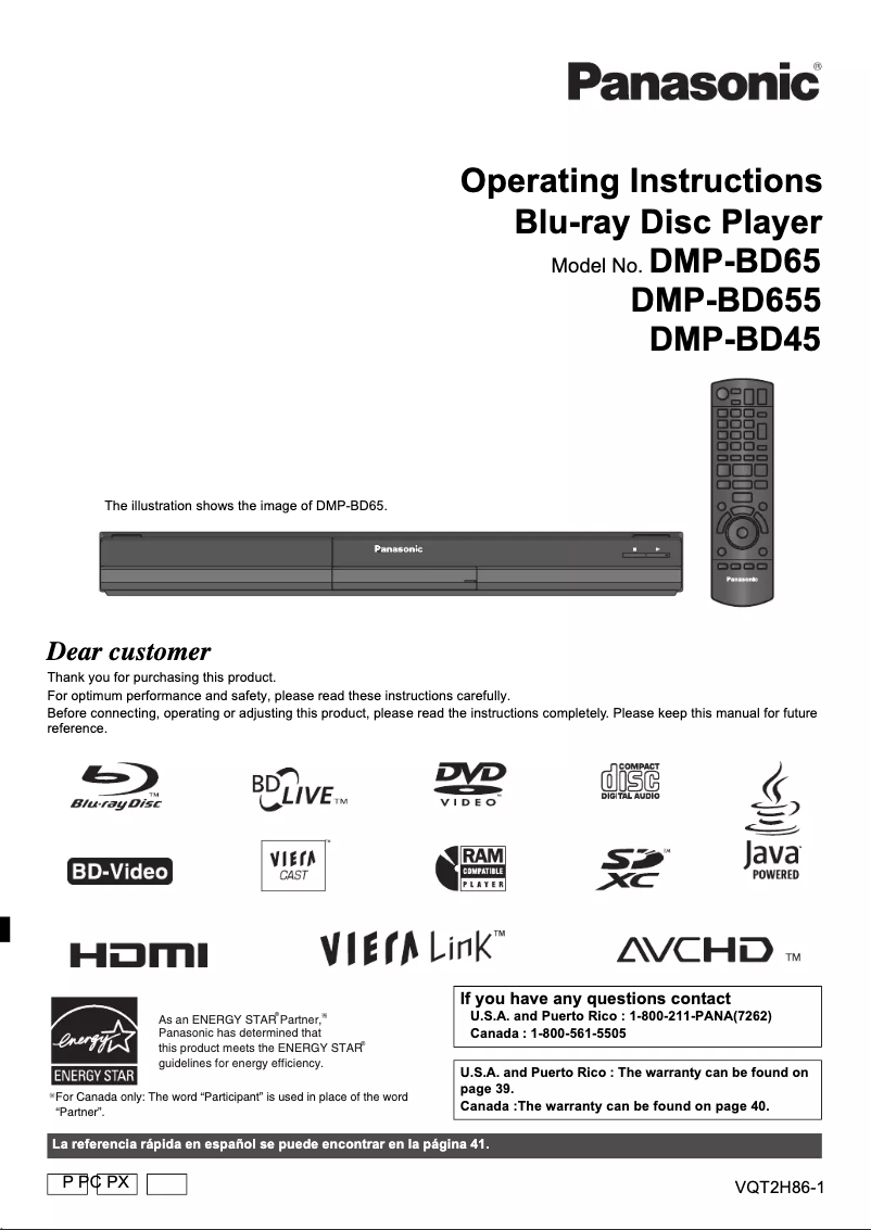 Page 1 de la notice Manuel utilisateur Panasonic DMP-BD655