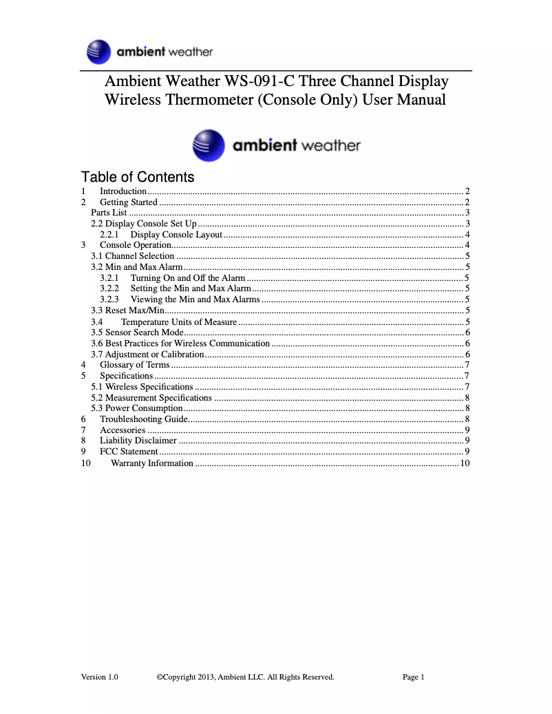 Page 1 de la notice Manuel utilisateur Ambient Weather WS-21