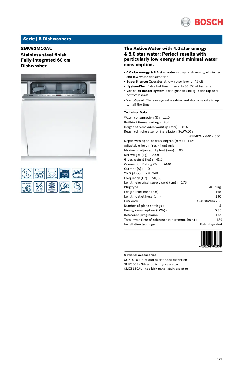 Página 1 del manual Ficha técnica Bosch SMV63M10AU