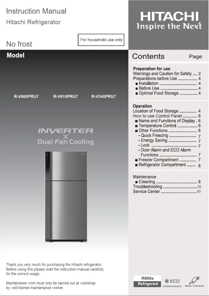 Page 1 de la notice Manuel utilisateur Hitachi R-V540PRU7