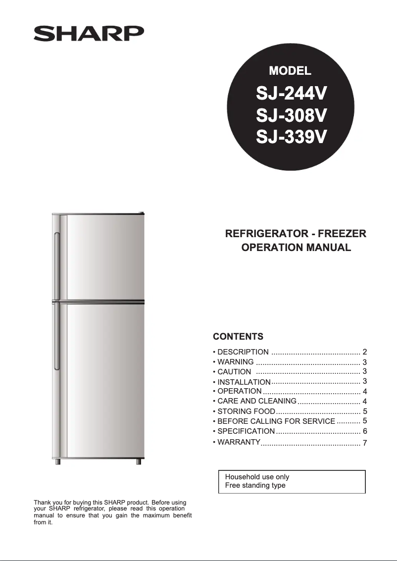 Page 1 de la notice Manuel utilisateur Sharp SJ-244V