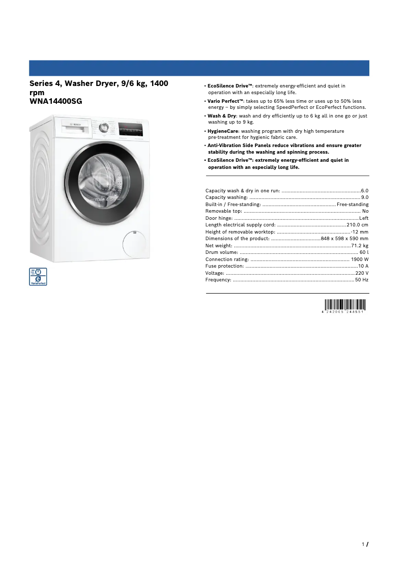 Page n°1 - Fiche technique Bosch WNA14400SG