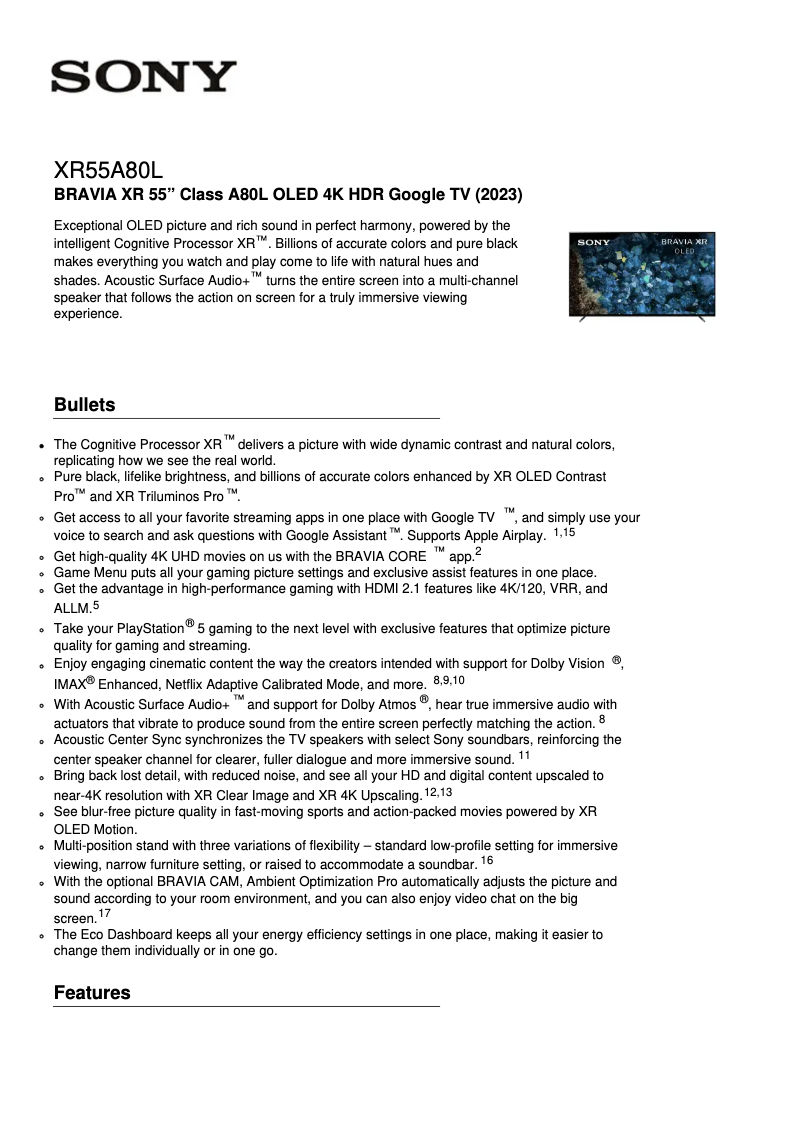 Página 1 del manual Ficha técnica Sony XR-55A80L
