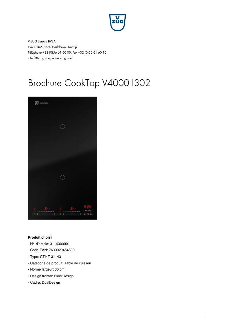 Page 1 de la notice Brochure V-Zug CookTop V4000 I302