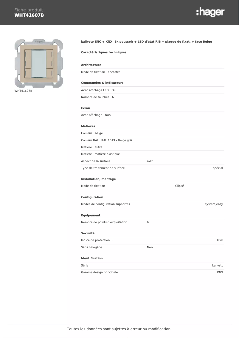 Page n°1 - Fiche technique Hager WHT41607B