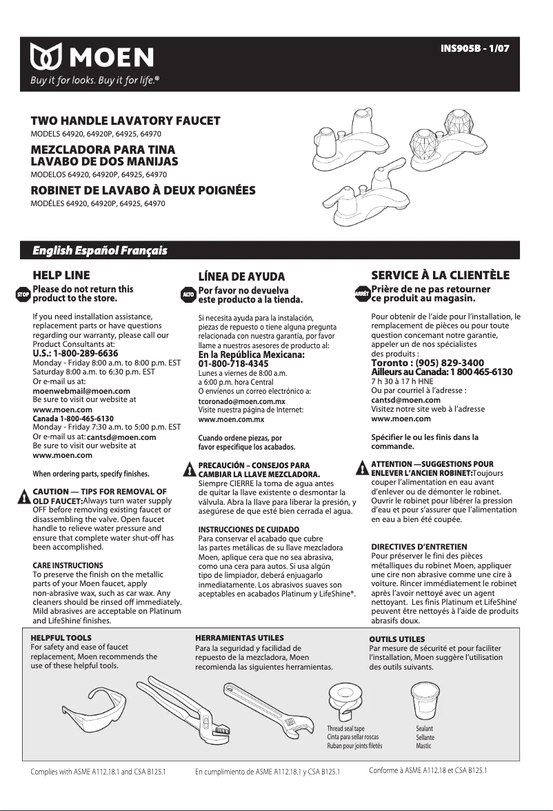 Page 1 de la notice Manuel utilisateur Moen Chateau 64920