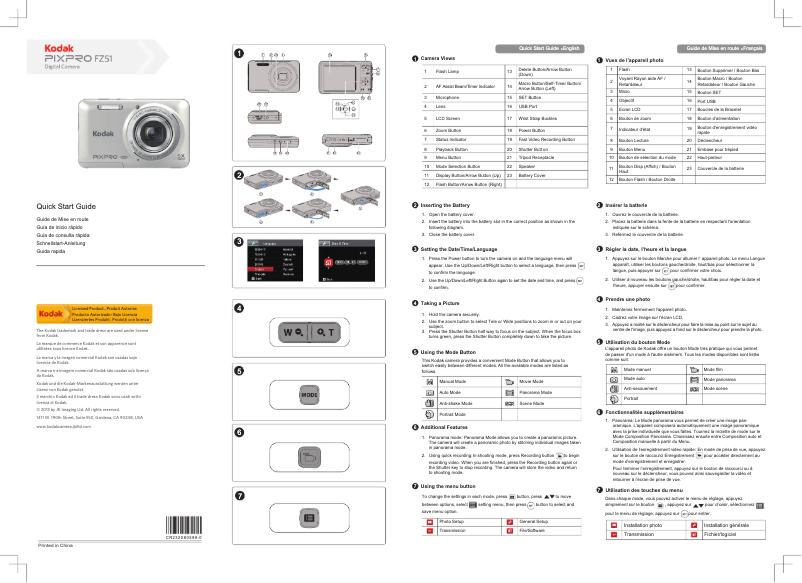 Page 1 de la notice Guide de démarrage rapide Kodak Pixpro FZ51