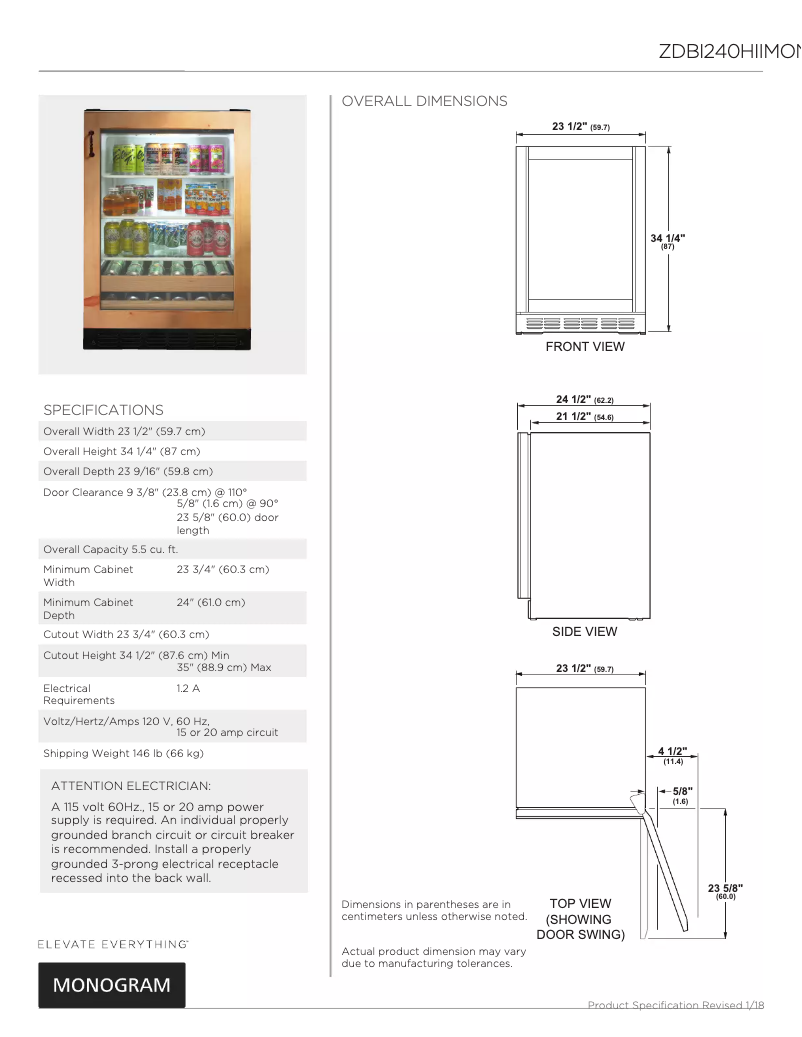 Page 1 de la notice Fiche technique Monogram ZDBI240HII