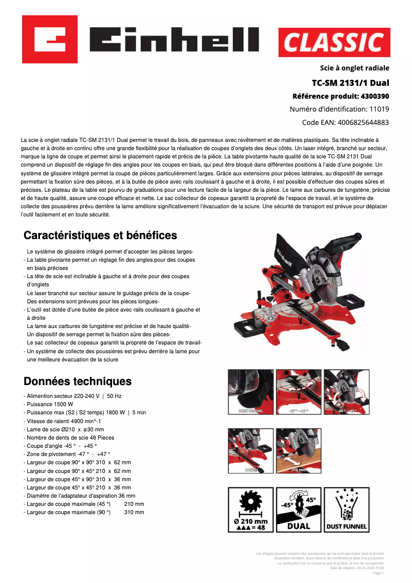 Page 1 de la notice Fiche technique Einhell TC-SM 2131/2 Dual