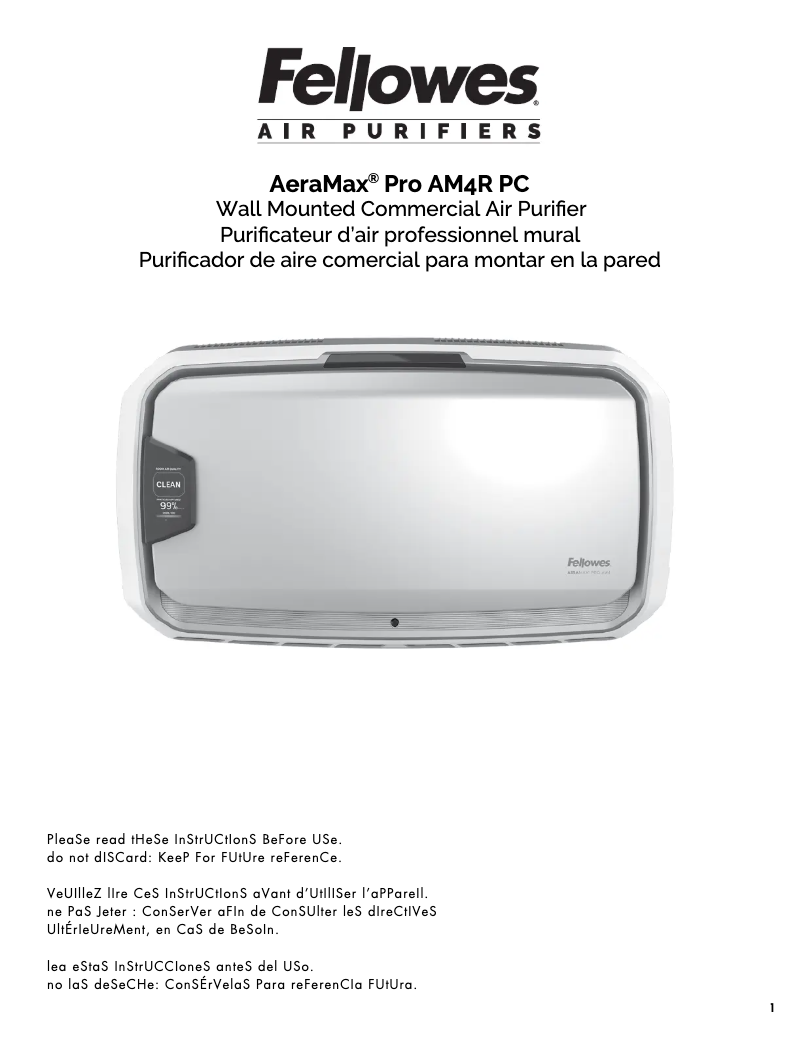 Page 1 de la notice Manuel utilisateur Fellowes AeraMax Pro AM4R PC